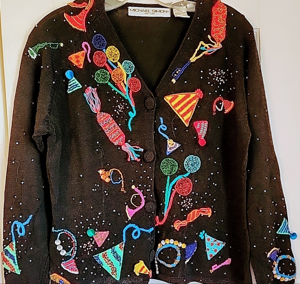 Michael Simon Happy New Year Embellished Black Cotton Cardigan Sweater Woman Sm